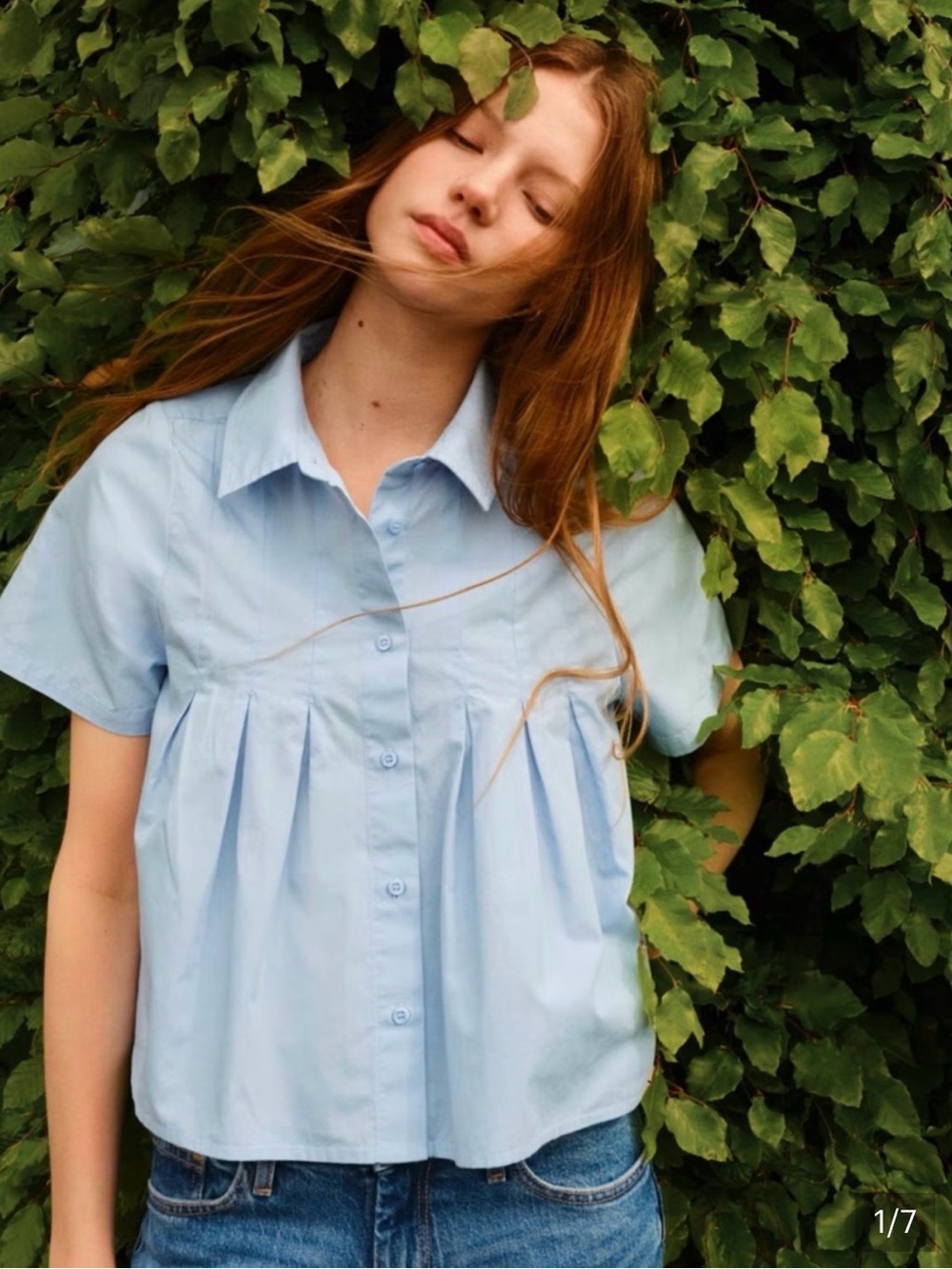 H&M Light Blue Short-Sleeve Pleated Button-Up Top